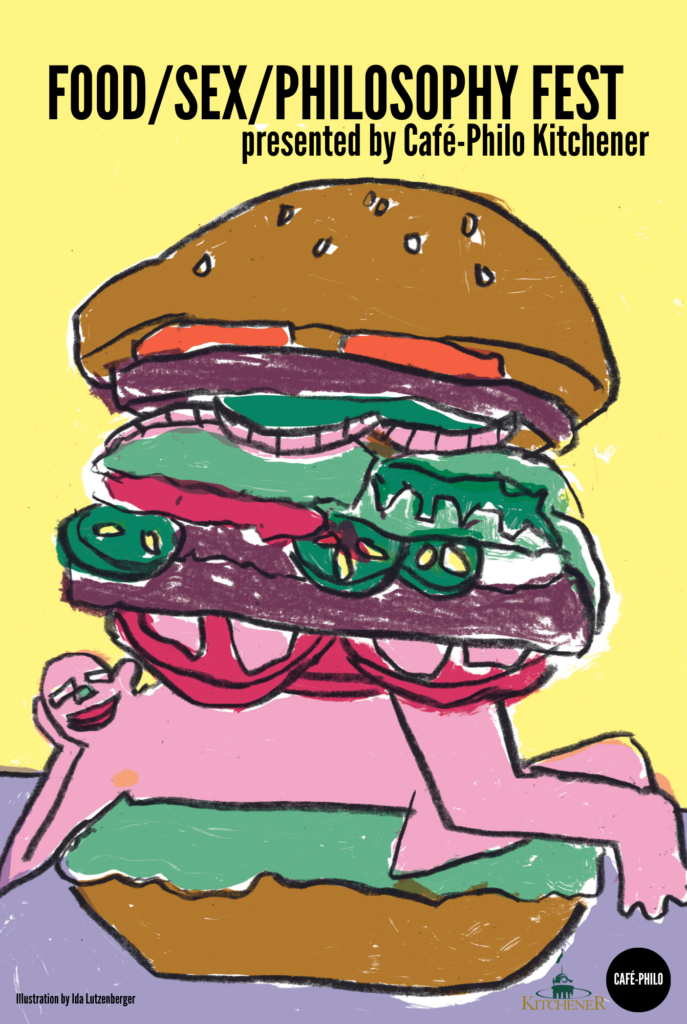 An illustration of a burger with a reclined person serving as the bottom bun.