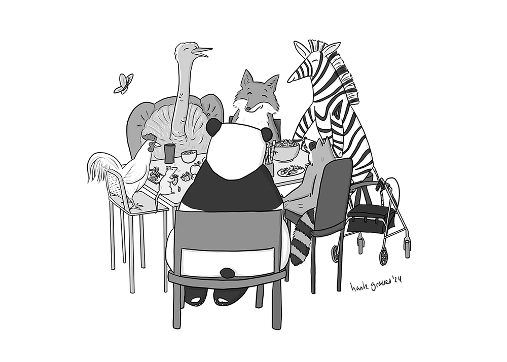 A digital cartoon of animals sitting around a dinner table eating various vegetarian meals. They include a rat, a chicken, an emu, a fox, a zebra, a raccoon, a butterfly, and a panda bear. The food includes grains, apples, salad, berries, and bamboo shoots. A rollator sits beside the raccoon's chair. All of the animals look happy.