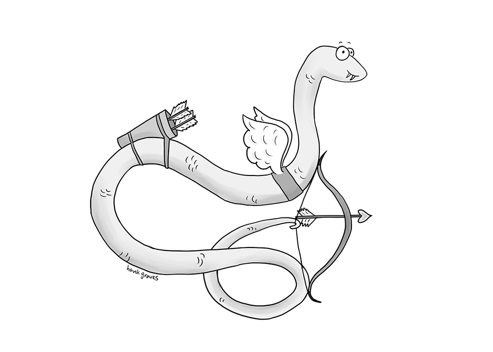 Digital art in a cartoon style of a snake wearing strapped on cupid's wings, a quiver full of arrows, and shooting a bow and arrow using its tail. It smiles at the viewer in a cheeky manner.