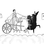 Digital art in a cartoon style of two pegasi, one white and one black, pulling a chariot. The black pegasi pulls towards a sign pointing towards "Appetite" while the white pegasi looks sadly back at a sign pointing towards "Reason." The charioteer holds the reigns and looks doubtful at the direction they're going.