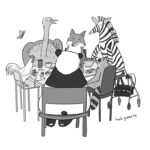 A digital cartoon of animals sitting around a dinner table eating various vegetarian meals. They include a rat, a chicken, an emu, a fox, a zebra, a raccoon, a butterfly, and a panda bear. The food includes grains, apples, salad, berries, and bamboo shoots. A rollator sits beside the raccoon's chair. All of the animals look happy.