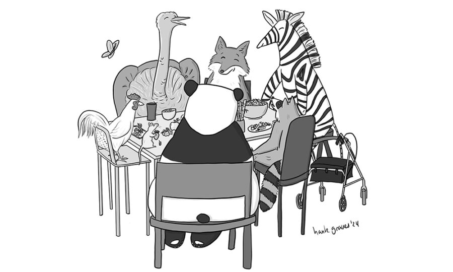 A digital cartoon of animals sitting around a dinner table eating various vegetarian meals. They include a rat, a chicken, an emu, a fox, a zebra, a raccoon, a butterfly, and a panda bear. The food includes grains, apples, salad, berries, and bamboo shoots. A rollator sits beside the raccoon's chair. All of the animals look happy.