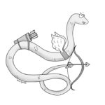 Digital art in a cartoon style of a snake wearing strapped on cupid's wings, a quiver full of arrows, and shooting a bow and arrow using its tail. It smiles at the viewer in a cheeky manner.