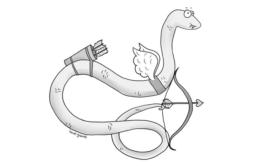 Digital art in a cartoon style of a snake wearing strapped on cupid's wings, a quiver full of arrows, and shooting a bow and arrow using its tail. It smiles at the viewer in a cheeky manner.